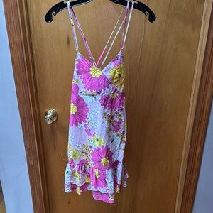 NWT ROXY GIRL Floral Pink and Yellow Sundress.  Size Large 12/14
